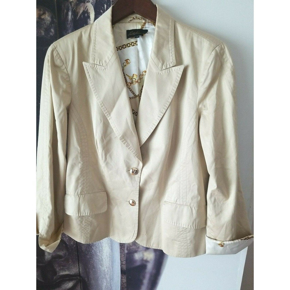 LUISA SPAGNOLI Women's Khaki w/ Satin‎ Chain Link Print Trim Button Blazer Sz 48